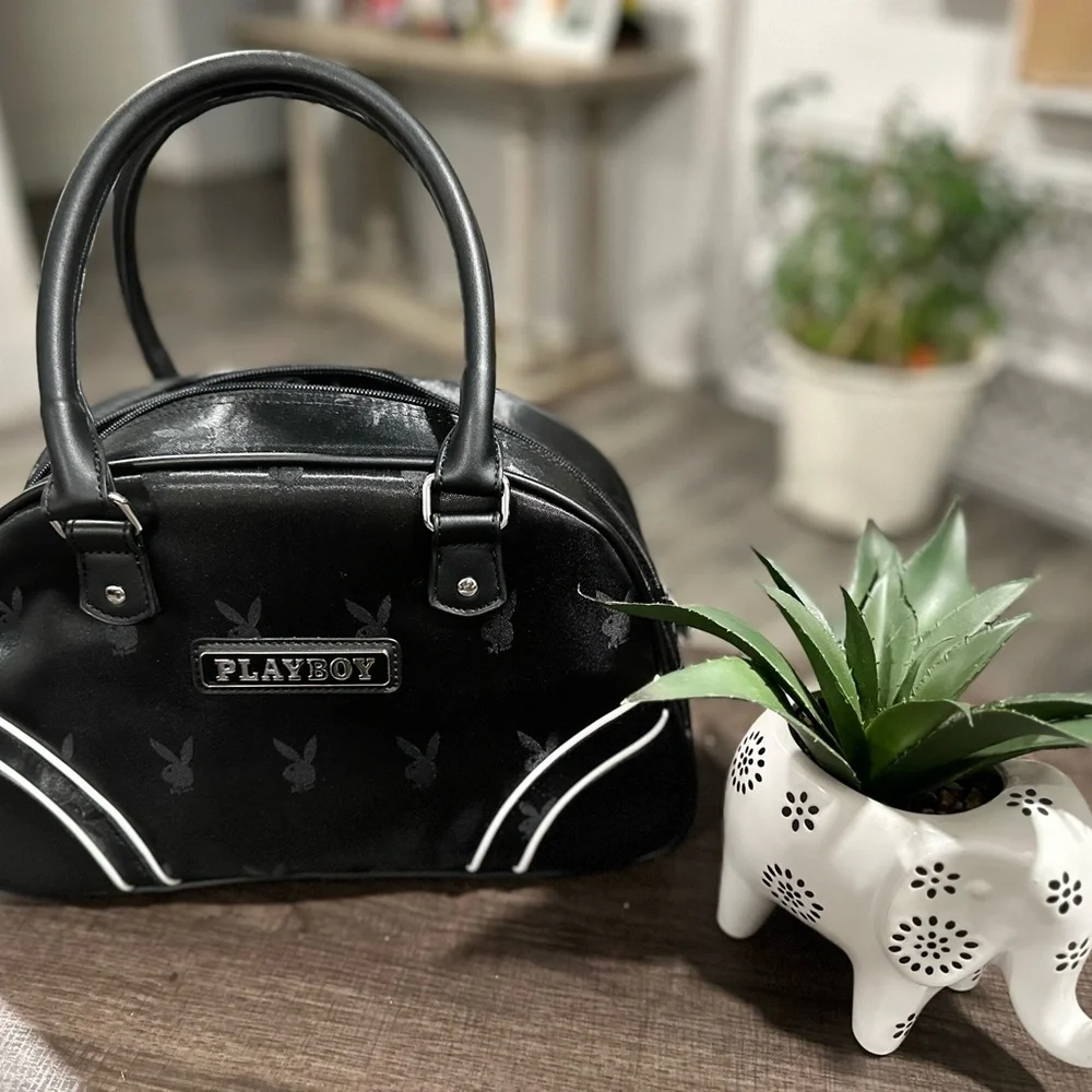 PLAYBOY Black Dome Satchel with White Piping - Picture 1 of 12